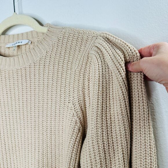 Frame Tan Ribbed Cable Knit Crew Neck Balloon Puff-Sleeve Banded Crop Sweater XS - Picture 5 of 12